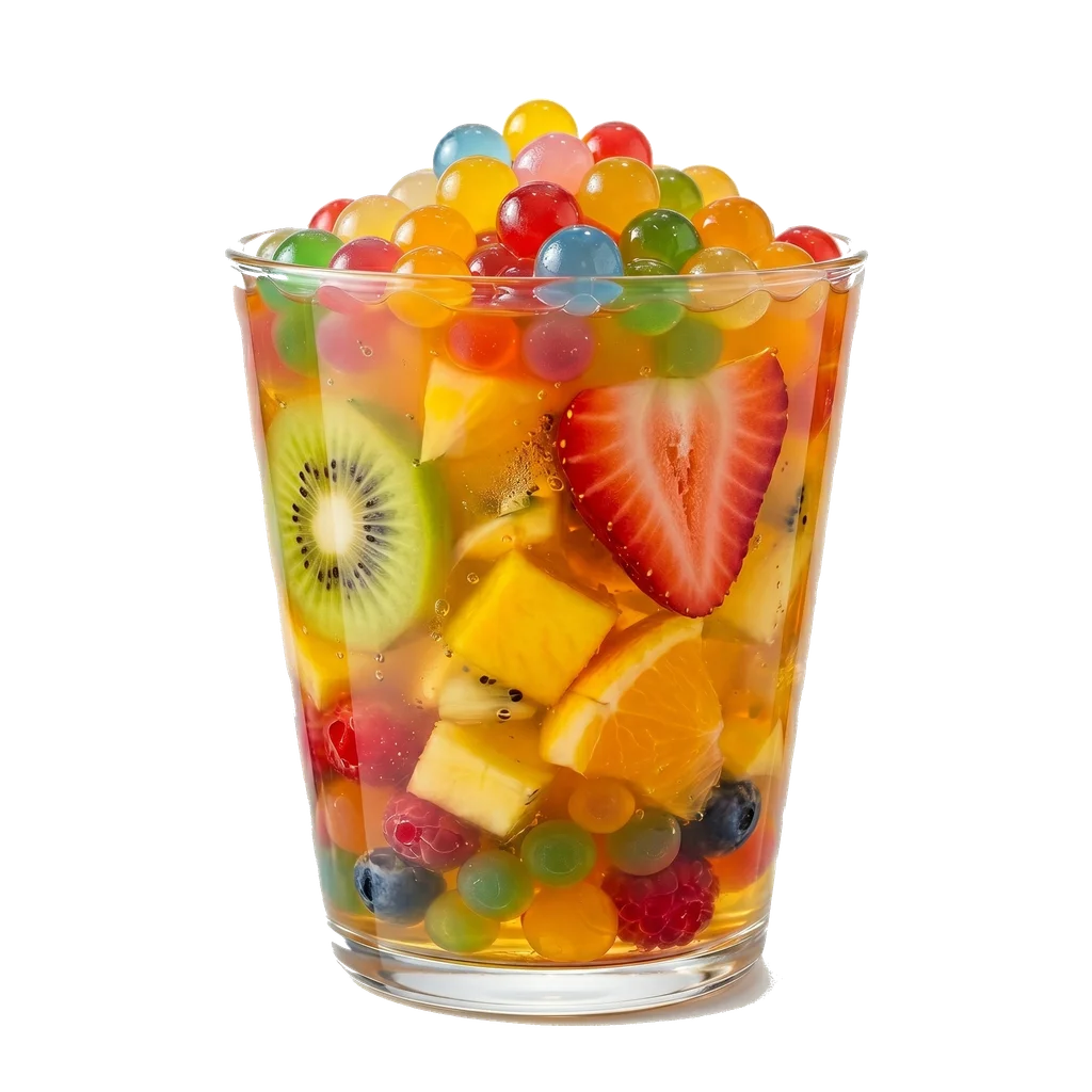 A glass of Fizzpop popping boba with fresh fruit