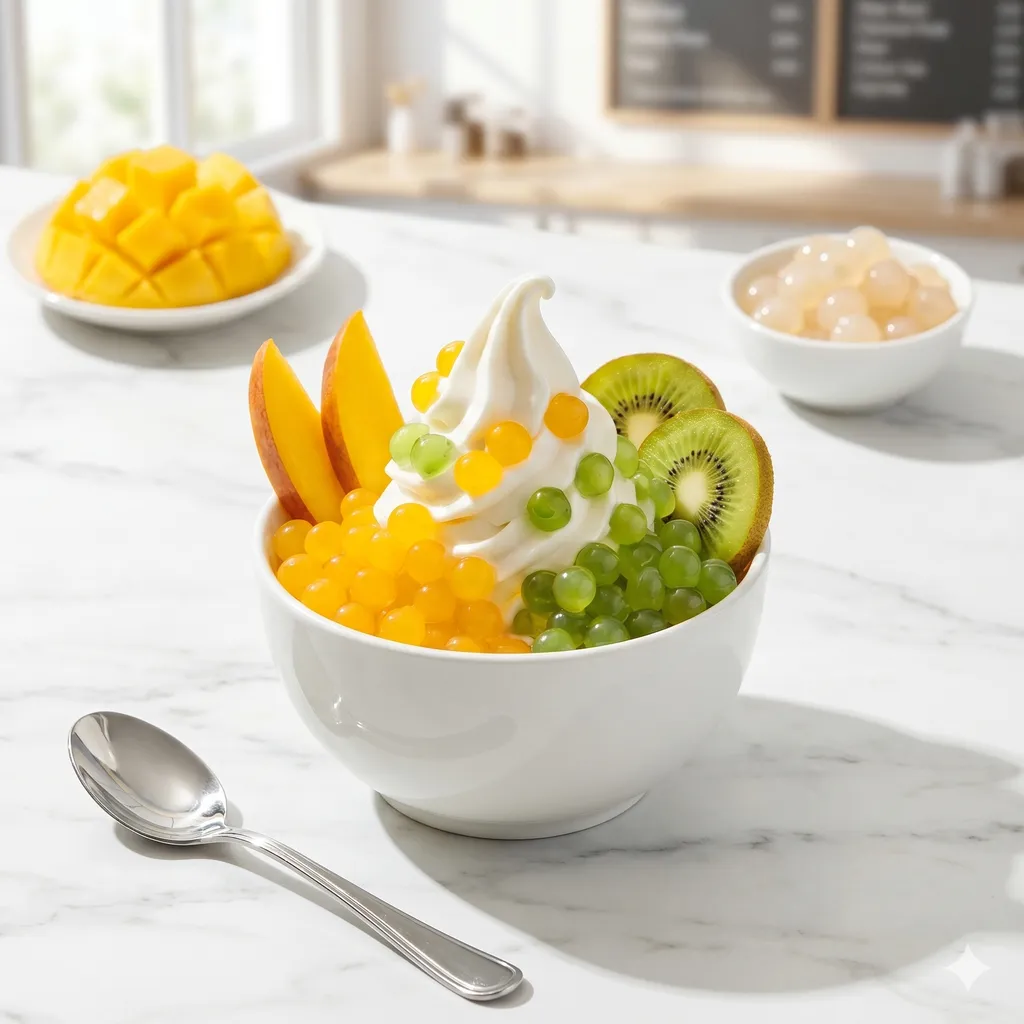 Colourful popping boba pearls used as an ice cream and frozen yoghurt topping
